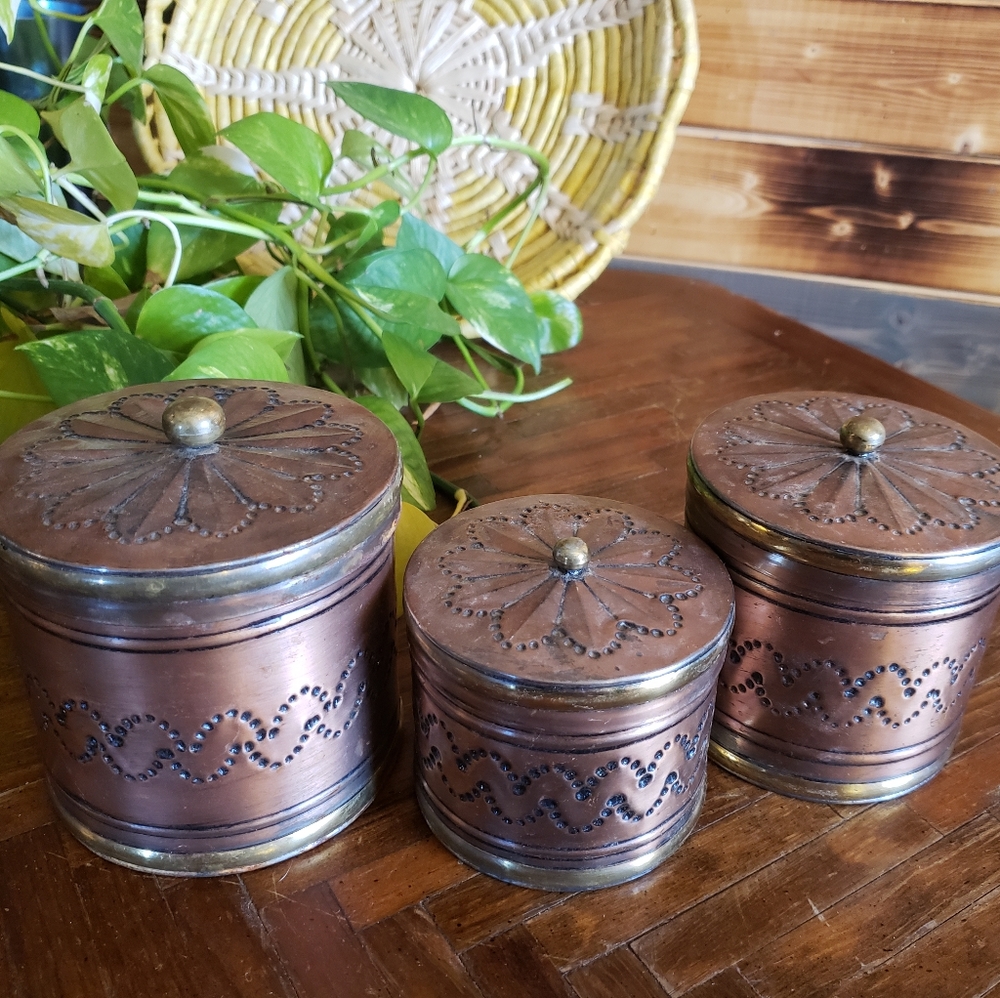 Set Of 3 Hammered Metal Canisters/ Trinket Tins.